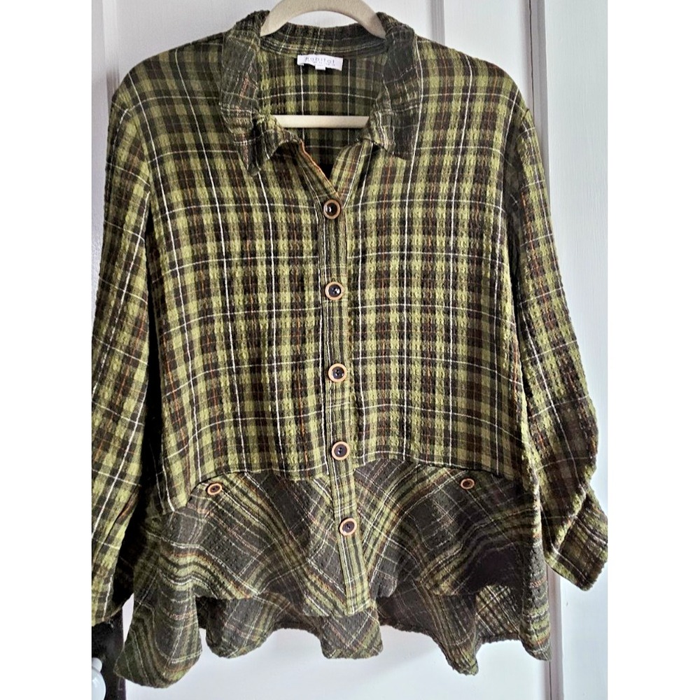 Habitat‎ cinched sleeves buttoned neck plaid flowy hem pullover green Sz L
